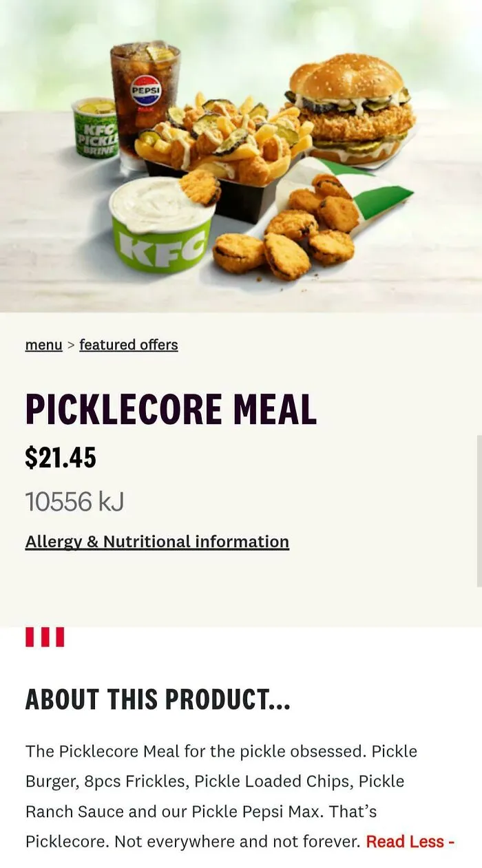 A promotional menu ad for a fast-food pickle-themed set, showing questionable food combos.