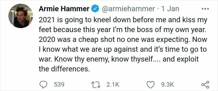 A cringy fail with Armie Hammer's tweet about 2021, showcasing content better left unposted.