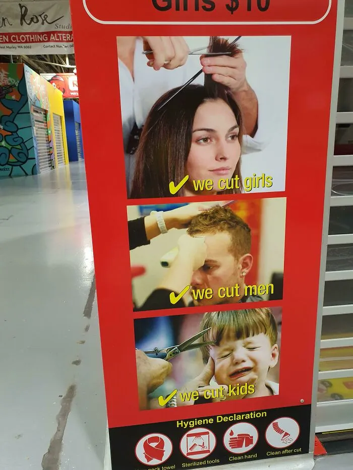 Hilarious ad placements: A barbershop sign with images of cutting hair for girls, men, and crying kids.