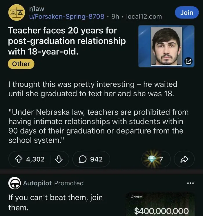 A screenshot of a Reddit post about a teacher facing legal trouble, with a promoted ad for Autopilot beneath, highlighting hilarious ad placements.