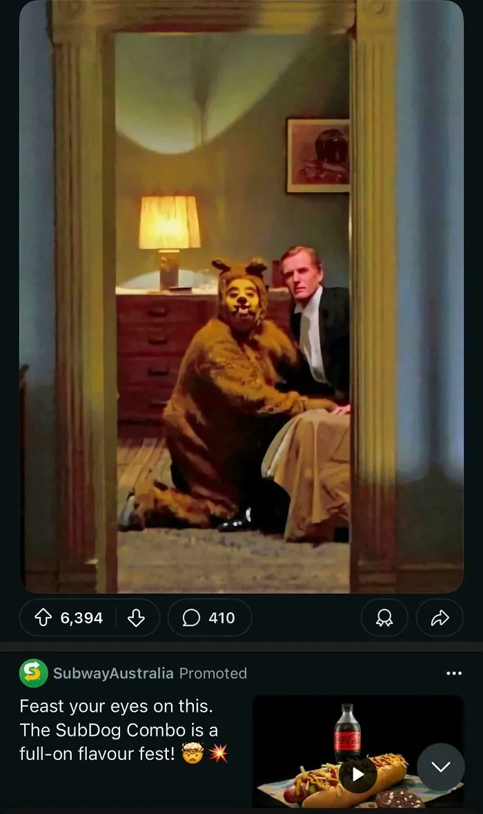 A screenshot of a Reddit ad placement for Subway Australia's SubDog Combo, featuring a person in a bear costume, highlighting hilarious ad placements.