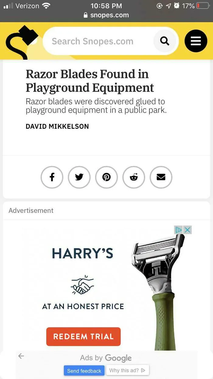 A phone screenshot showing an article about razor blades in playground equipment, with a Harrys razor ad beneath, an example of hilarious ad placements.