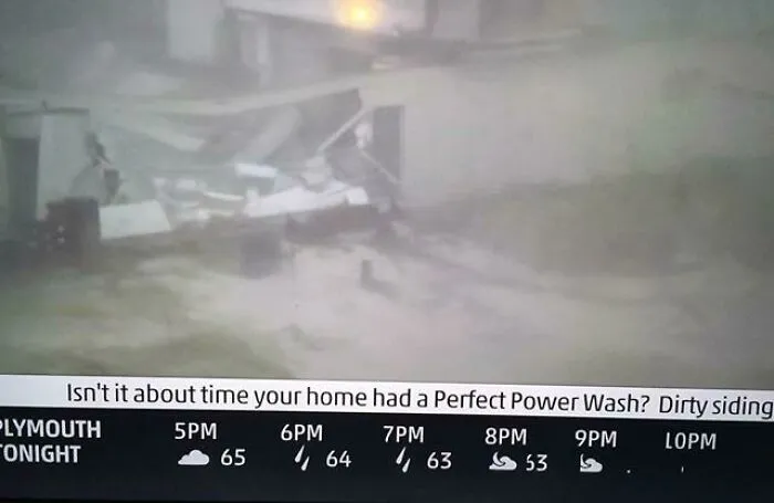 A TV screen showing a weather forecast over a stormy scene, with an ad for Perfect Power Wash, illustrating hilarious ad placements.