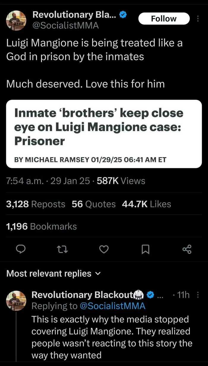 A tweet about Luigi Mangione, an Eat The Rich moment.