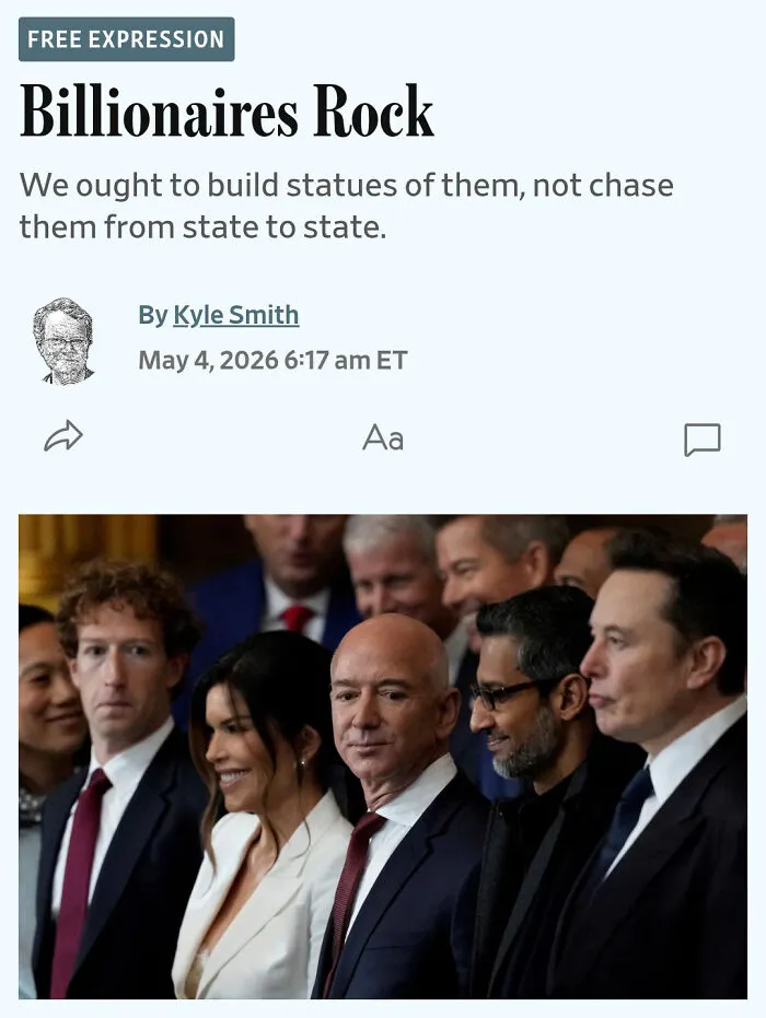 An article titled Eat The Rich Moments featuring prominent billionaires like Elon Musk, Jeff Bezos, and Mark Zuckerberg.