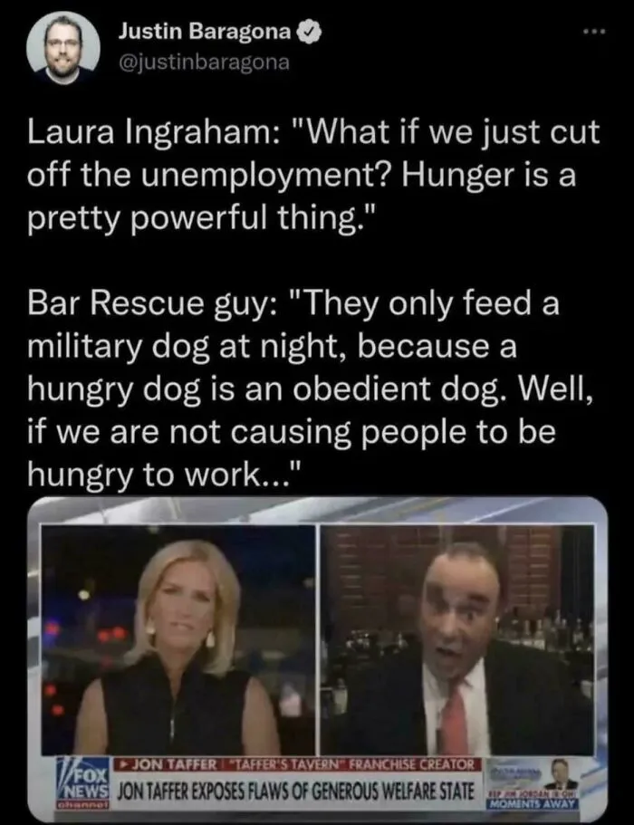 A social media post with the title Eat The Rich Moments featuring Laura Ingraham and Jon Taffer discussing unemployment.