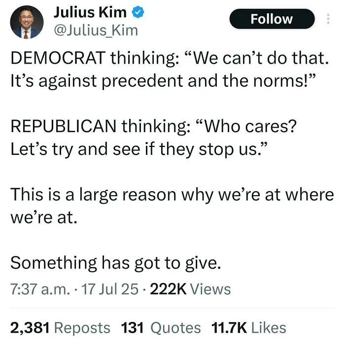 A social media post contrasting Democrat and Republican thinking, highlighting Eat The Rich political perspectives.