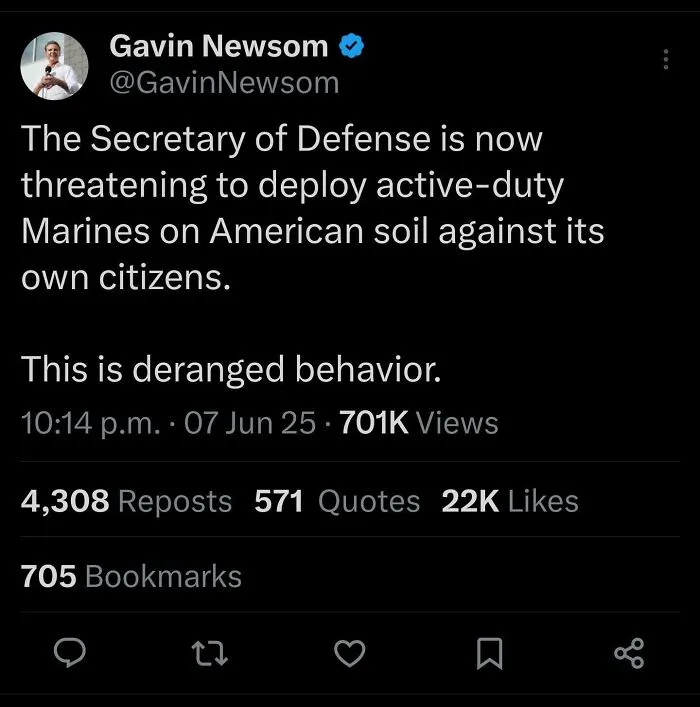 A tweet from Gavin Newsom about deploying Marines, an example of Eat The Rich moments.