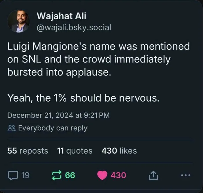 A social media post mentioning Luigi Mangione on SNL and the 1% being nervous, an Eat The Rich reference.