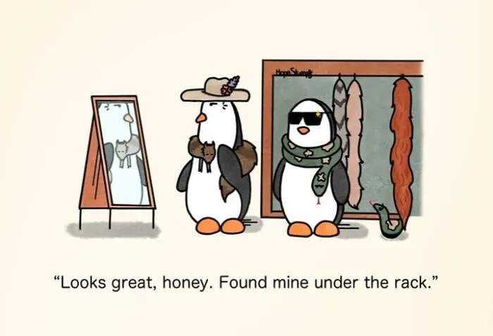 Hilariously relatable comics showing animals trying on fur stoles, bringing animals to life.