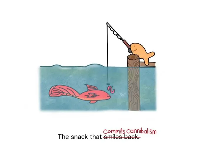 Relatable animals comic of a goldfish cracker fishing for a worm in the water, illustrating a humorous, unexpected situation.