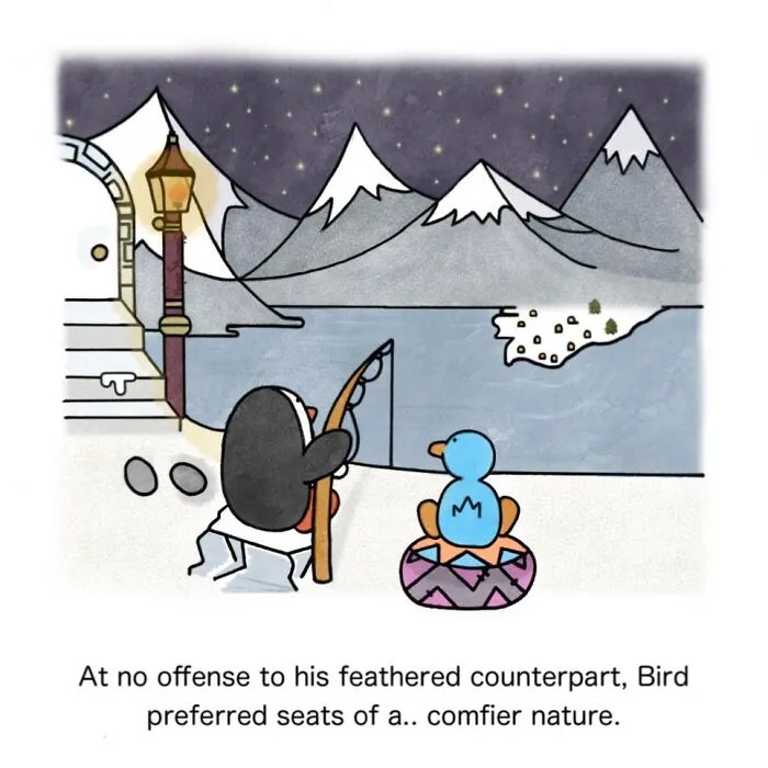 Hilariously relatable comics show a penguin fishing next to a blue bird on a cushion, bringing animals to life.