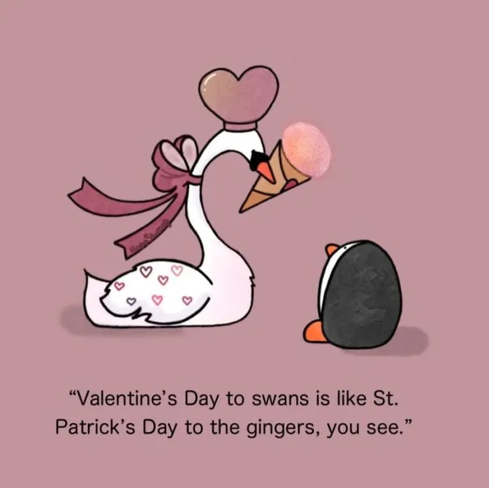 Relatable one-panel comic showing a swan holding an ice cream cone for a penguin, bringing animals to life.