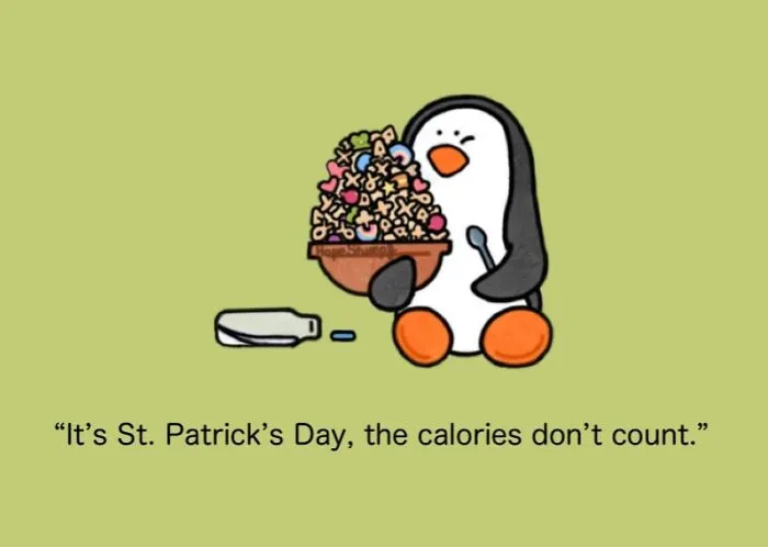 A comic of a penguin eating a large bowl of cereal, representing animals in relatable situations.