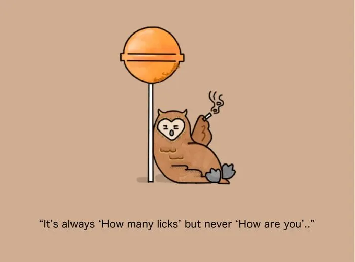 A comic drawing of a smoking owl leaning on a giant lollipop, bringing animals to life.