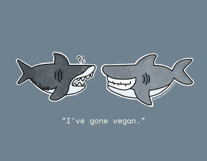 Hilariously relatable one-panel comics of animals with two sharks, one surprised, the other stating they're vegan.