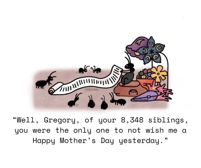 Ants with a long scroll in a one-panel comic, bringing animals to life.