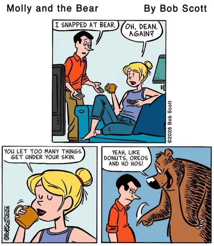 This Cartoonist Imagines A Family Living With A Lovable Bear Who Is Afraid Of Almost Everything (40 Comics)