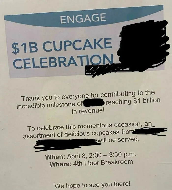 A photo of a flyer for a cupcake celebration for reaching $1 billion in revenue, showing the horrid world.