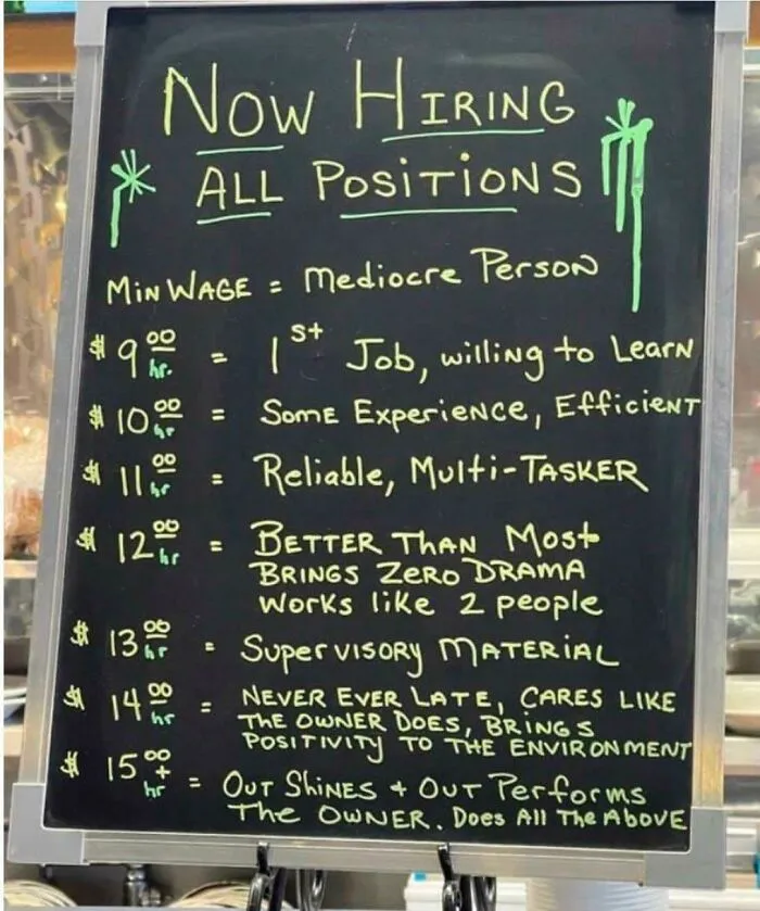 A handwritten hiring sign with escalating wages based on employee qualities, depicting a sad world of work.