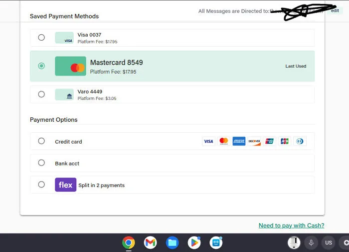 A screenshot of saved payment methods and payment options in a horrid world.
