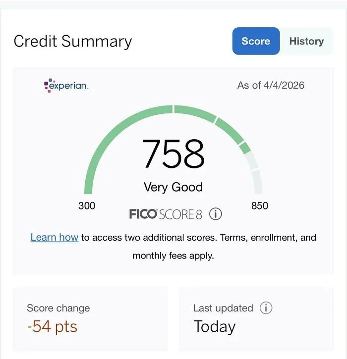 A credit summary showing a 758 FICO Score 8 with a 54 point decrease, highlighting the sad world.