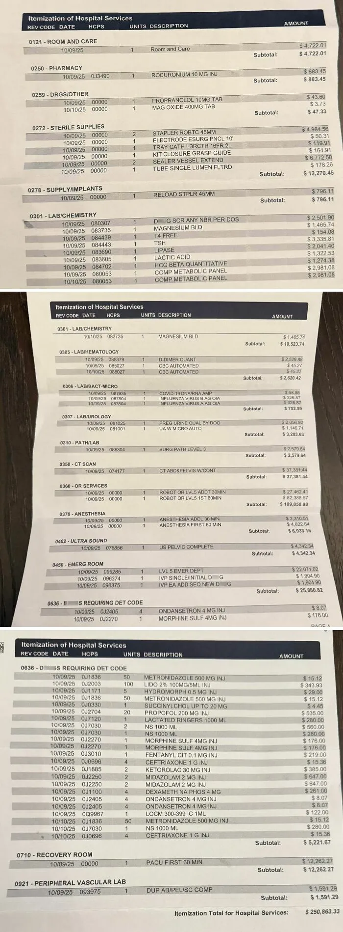 A multi-page hospital bill detailing various services and their costs, illustrating the horrid world of healthcare expenses.