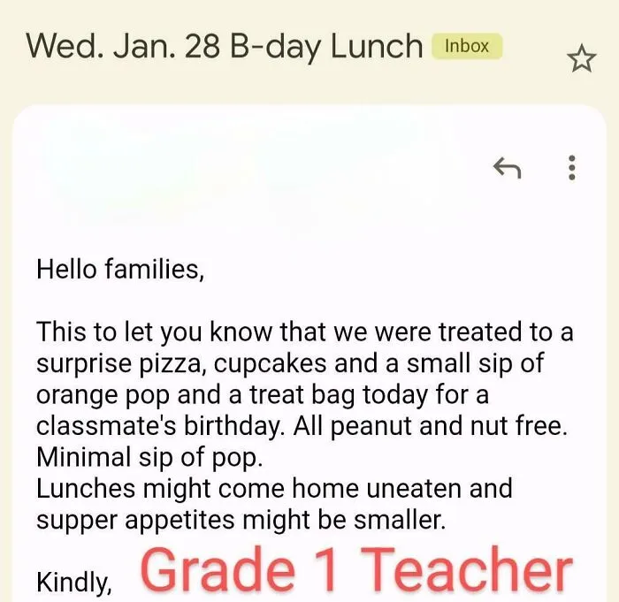 An email from a Grade 1 teacher informing parents about a birthday treat for classmates, showcasing a funny aspect of being a great dad.