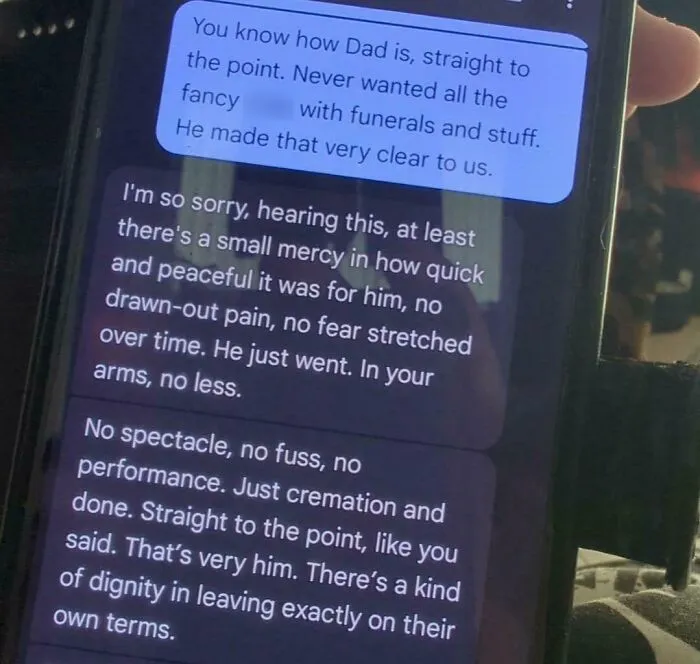 A phone screen displays text messages about a father's simple funeral wishes, a sad world reality.