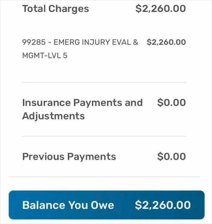 A medical bill for $2,260, revealing the financial burdens in a horrid and sad world.