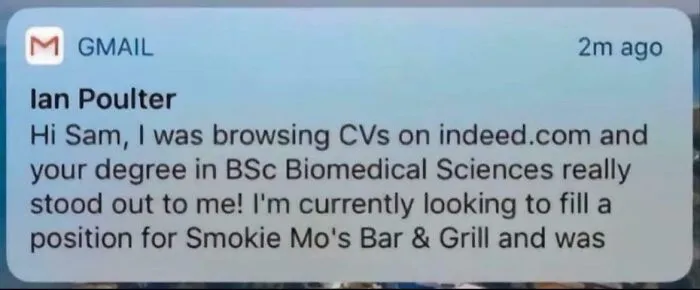 A Gmail notification with an email about a job offer for a BSC Biomedical Sciences graduate, reflecting a sad world.