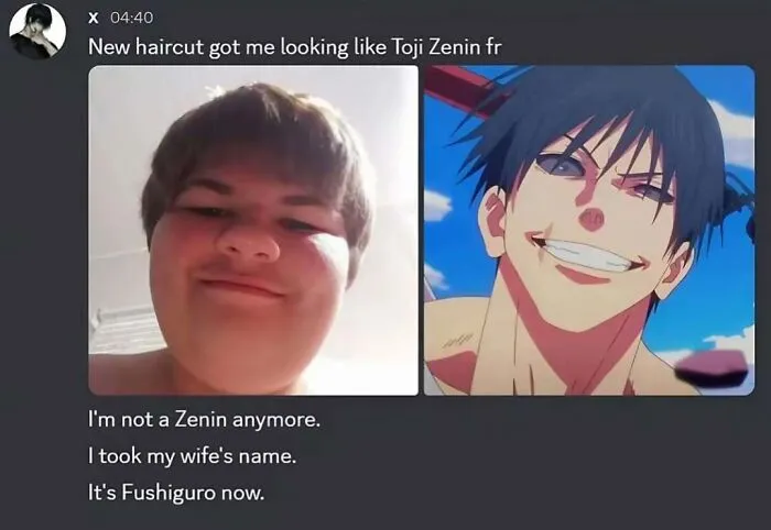 A screenshot of a Discord message with a person comparing their new haircut to Toji Zenin, an internet moment.