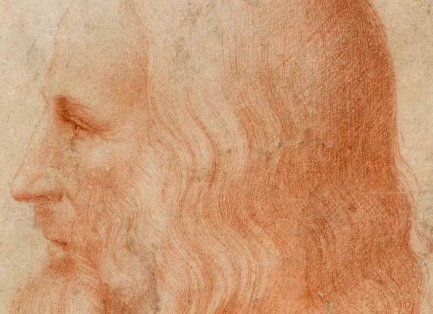 A red chalk drawing of Leonardo da Vinci, perfect for an odd one out quiz on historical eras.