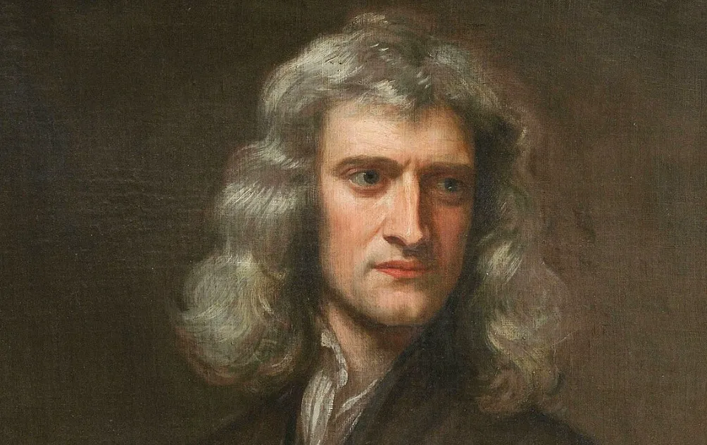 Painting of Isaac Newton with long gray hair. This image is part of a general knowledge quiz about exploration.