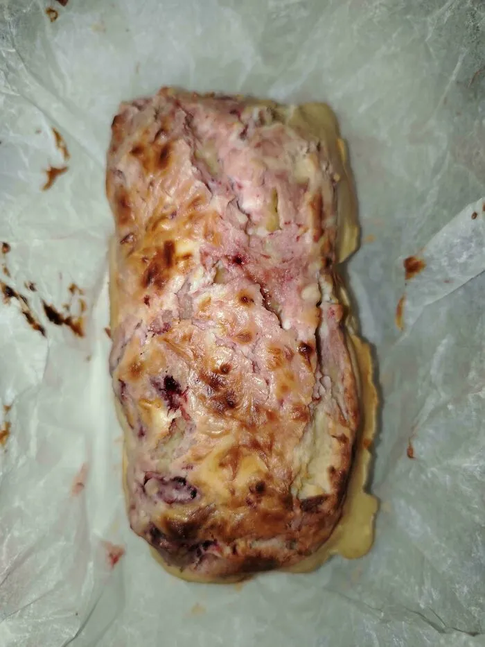 So I Made Cake With A Strawberry Cream Cheese Topping. Turned Out Looking Like A Burn Victim's Leg