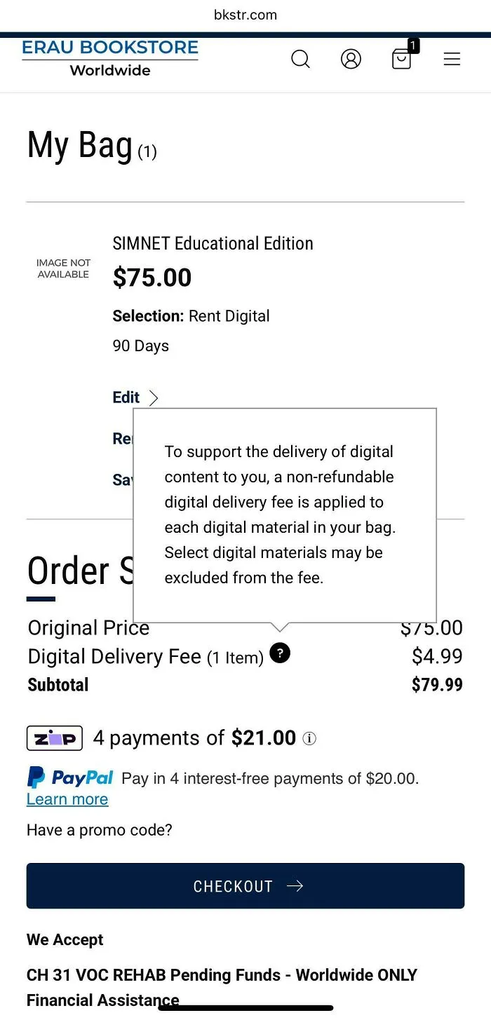 Screenshot of an online bookstore adding a digital delivery fee, a part of the dystopian American dream.