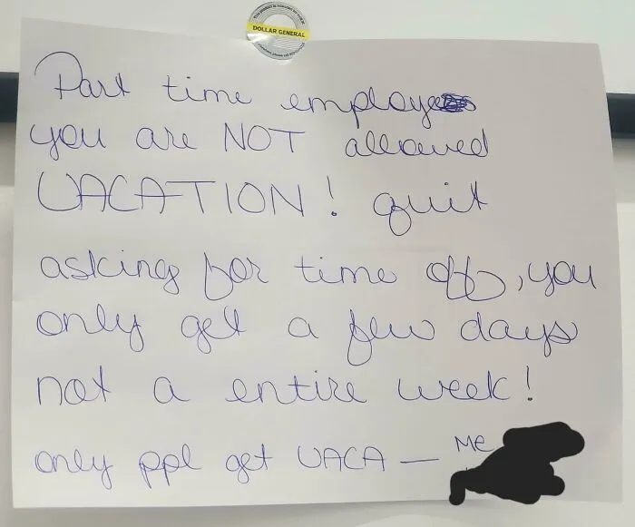 A handwritten note about vacation policy for part-time employees, revealing a dystopian nightmare about the American Dream.