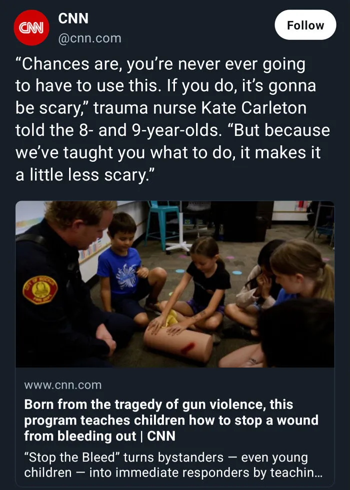 A CNN tweet showing children learning first aid for gun violence, a stark contrast to the traditional American dream.