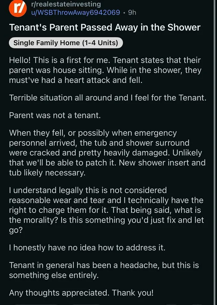 Reddit post discussing a landlord's dilemma about property damage after a tenant's parent passed away, affecting the American dream.