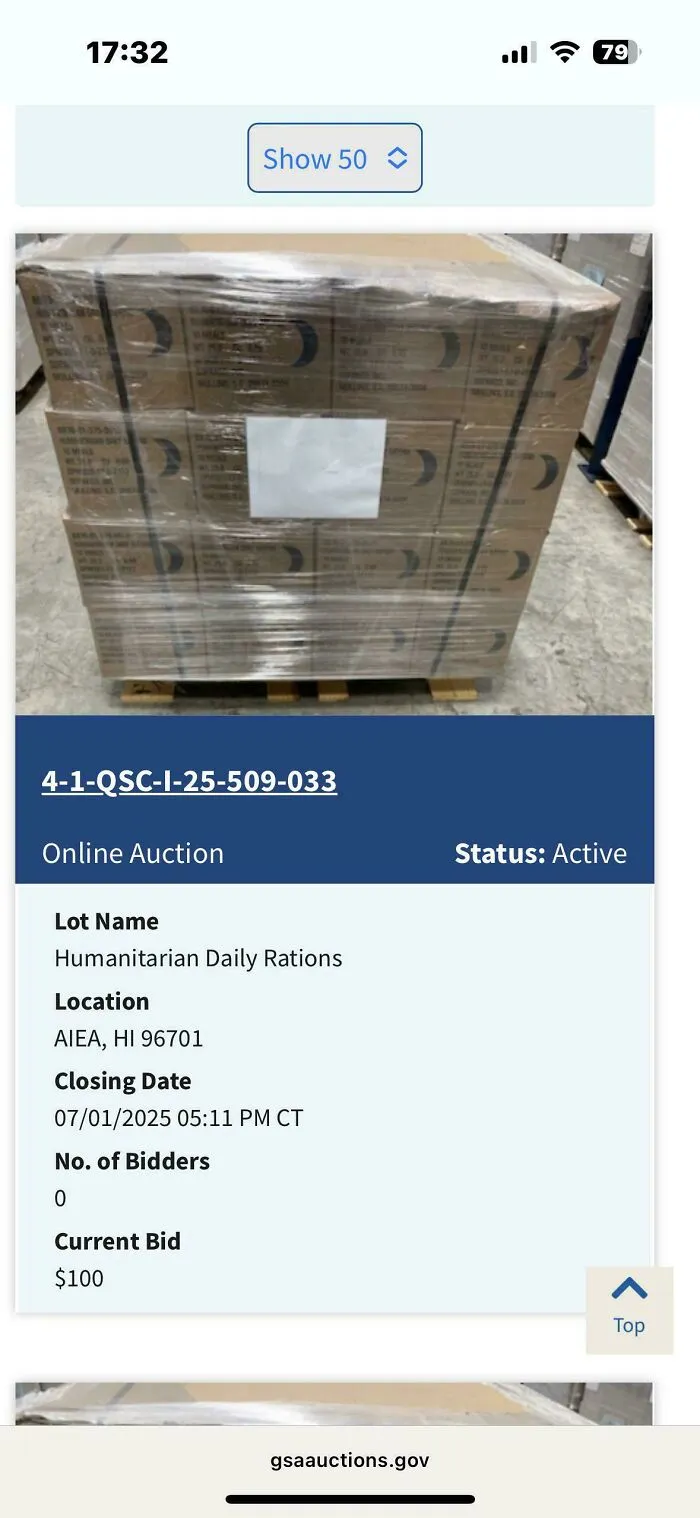 A screenshot of a mobile device shows an online auction for humanitarian daily rations, hinting at a dystopian nightmare in the American Dream.