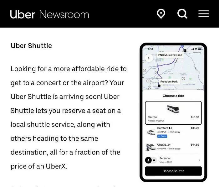 A Uber Shuttle promotion offering affordable rides, hinting at the American dream becoming a dystopian nightmare where basic transport is a luxury.