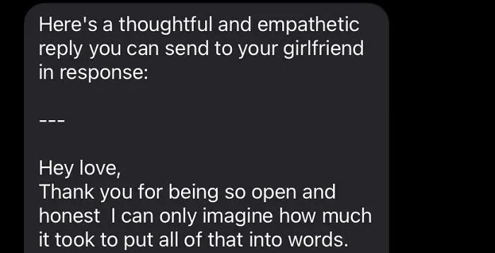 A screenshot of a text message from a chatbot offering a 'thoughtful and empathetic reply,' exemplifying the dystopian nightmare of AI relationships.