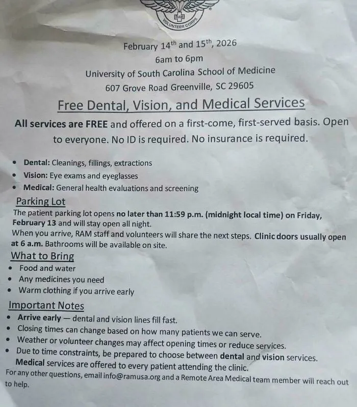 A flyer advertising free dental, vision, and medical services, reflecting the American Dream as a dystopian reality.