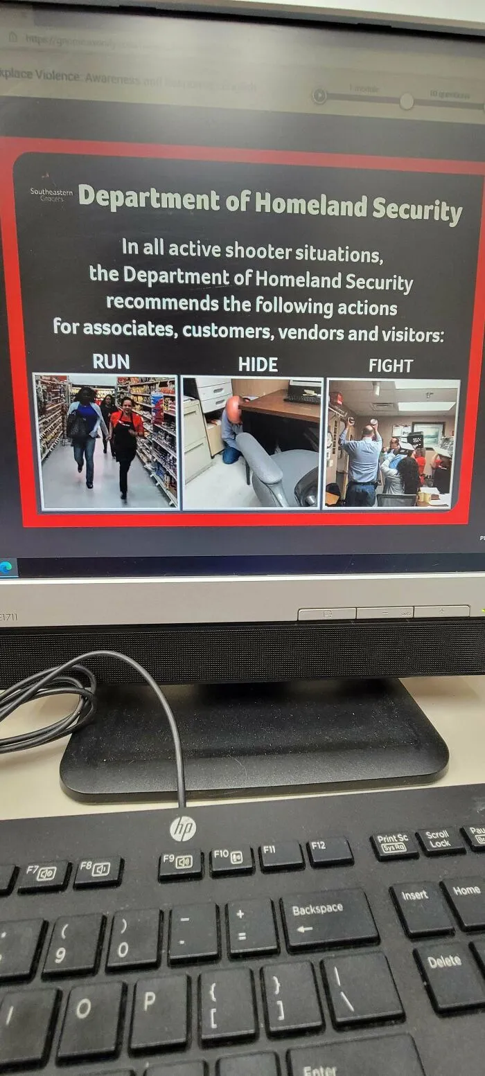 A computer screen displaying a Department of Homeland Security guide for active shooter situations, reflecting a dystopian nightmare in public safety.