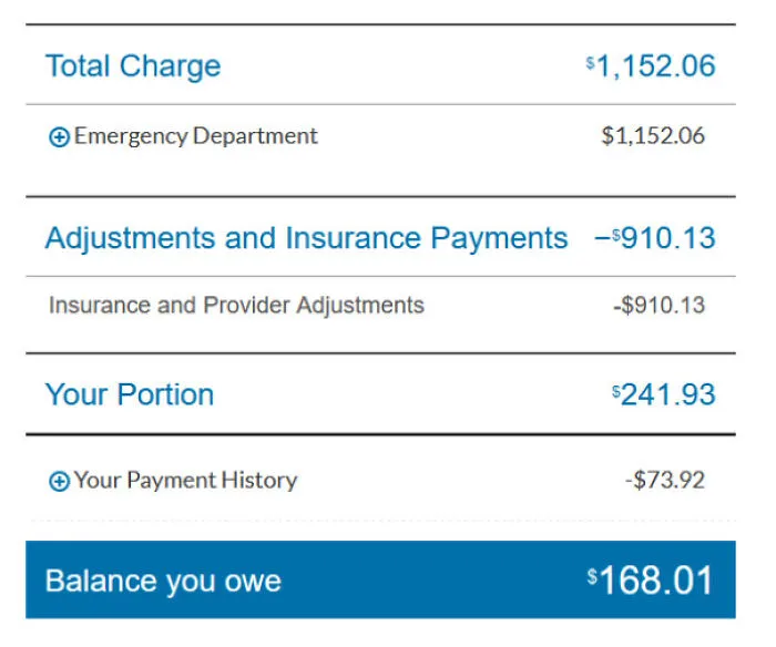 A detailed medical bill showing a balance due for an emergency department visit, a clear example of the American dream turning into a dystopian nightmare.