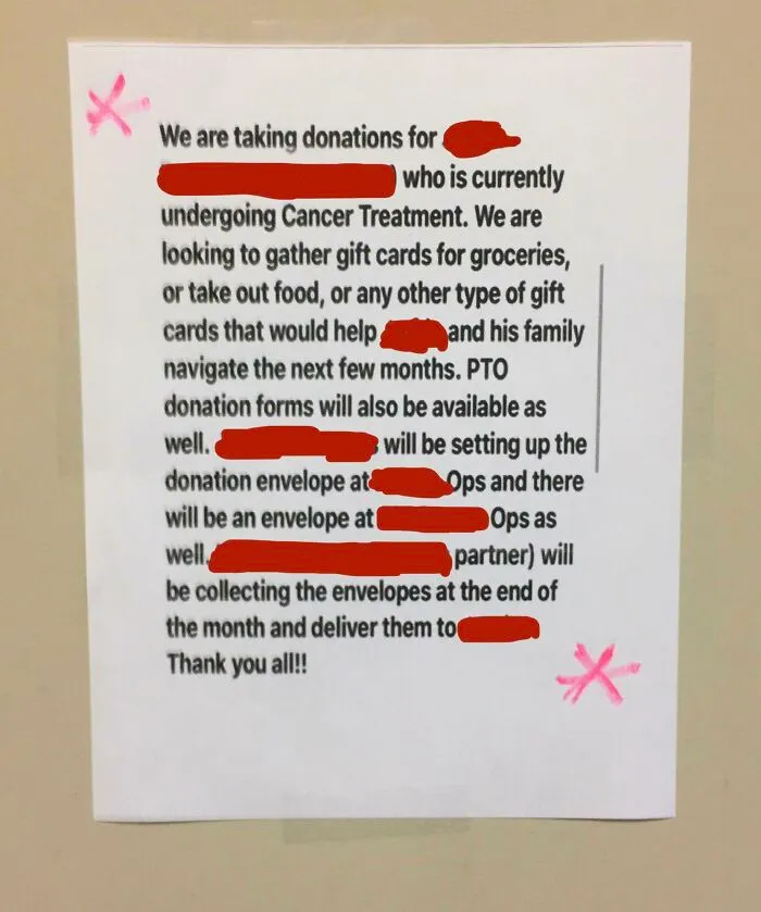 A handwritten note on a wall, seeking donations for a colleague undergoing cancer treatment, highlighting the dystopian nightmare of healthcare costs.