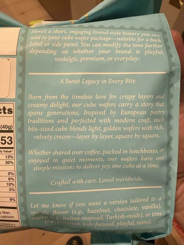 A close-up of a food package with text, highlighting the American Dream and its dystopian nightmare aspects.