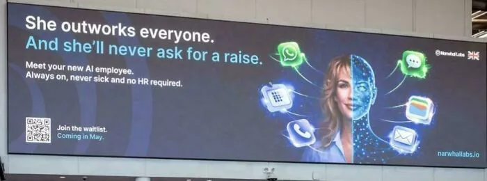 A large billboard advertising an AI employee, depicting the American Dream as a dystopian nightmare through automation.