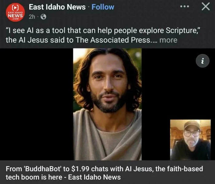 A news article about AI Jesus, blending technology and faith, a complex aspect of the American dream.