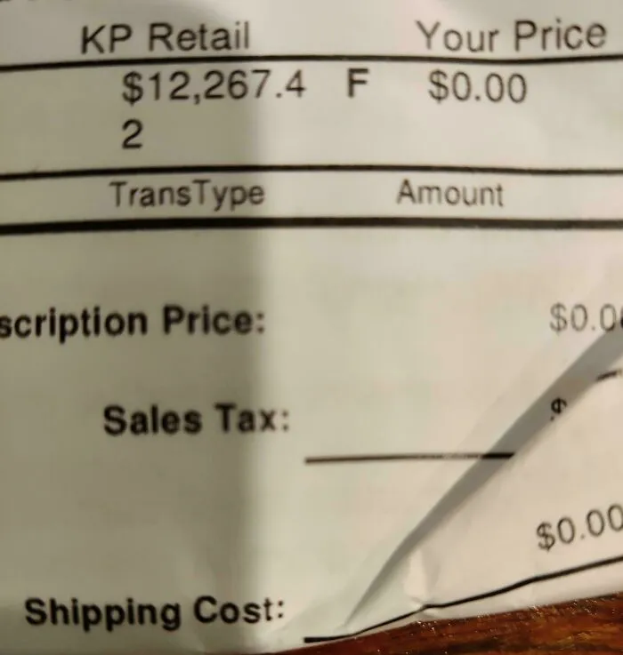 A close-up of a receipt showing a high retail price and zero sales tax, hinting at the distorted American dream.